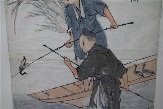 Chinese School Cormorant fisherman 67 x 34cm